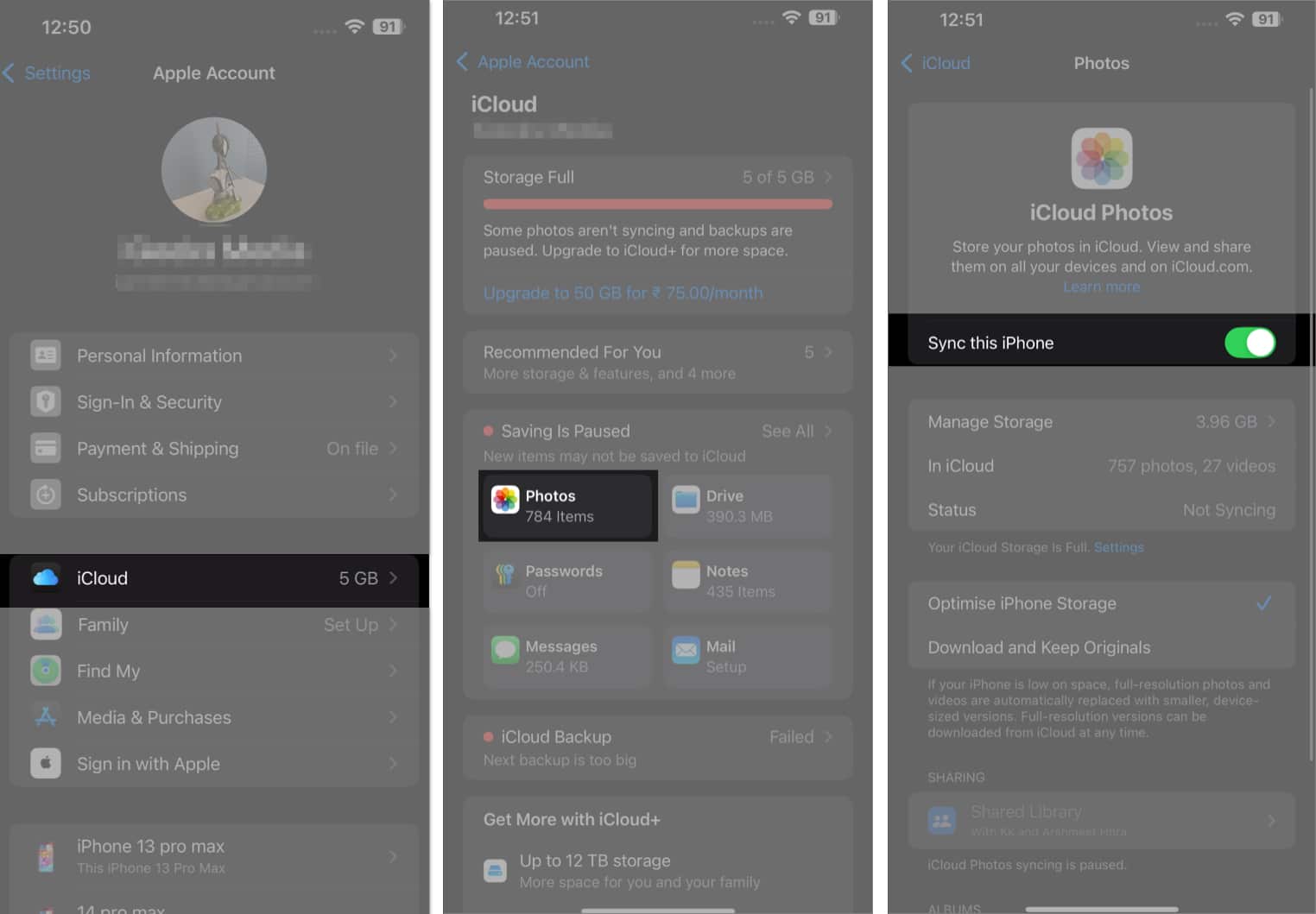 iPhone-da iCloud parametrləri altında Şəkillər üçün bu iPhone seçimini sinxronlaşdırın