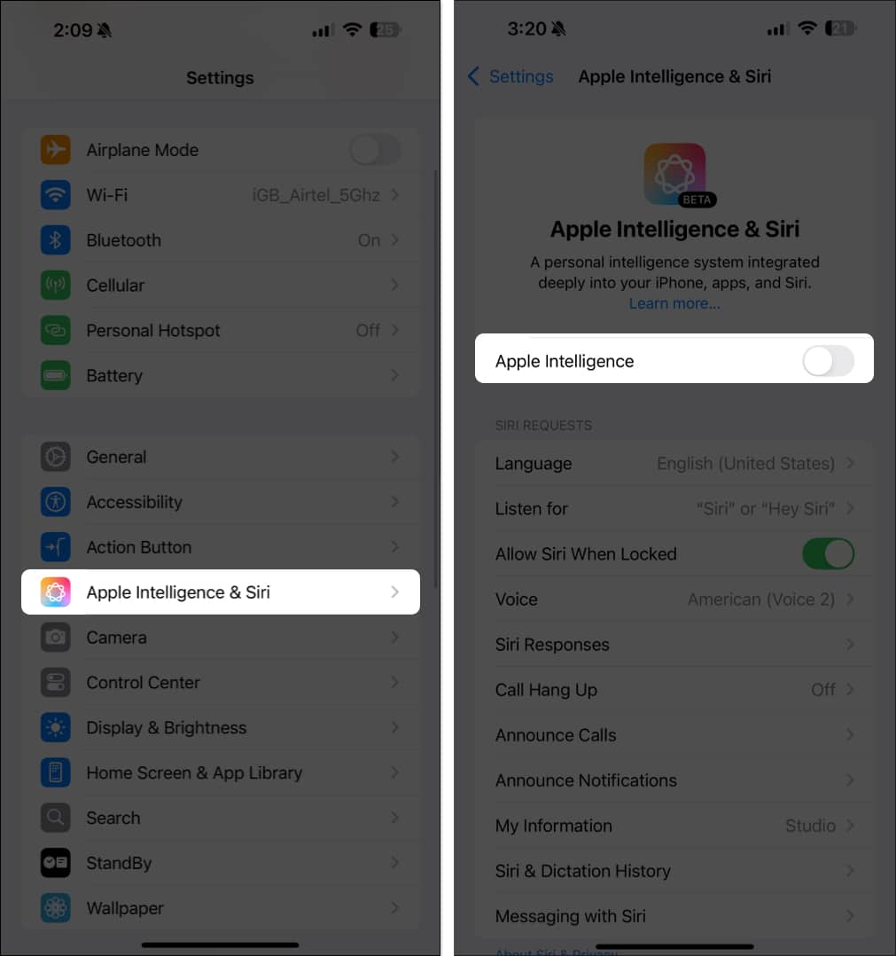 Απενεργοποίηση Apple Intelligence σε iPhone