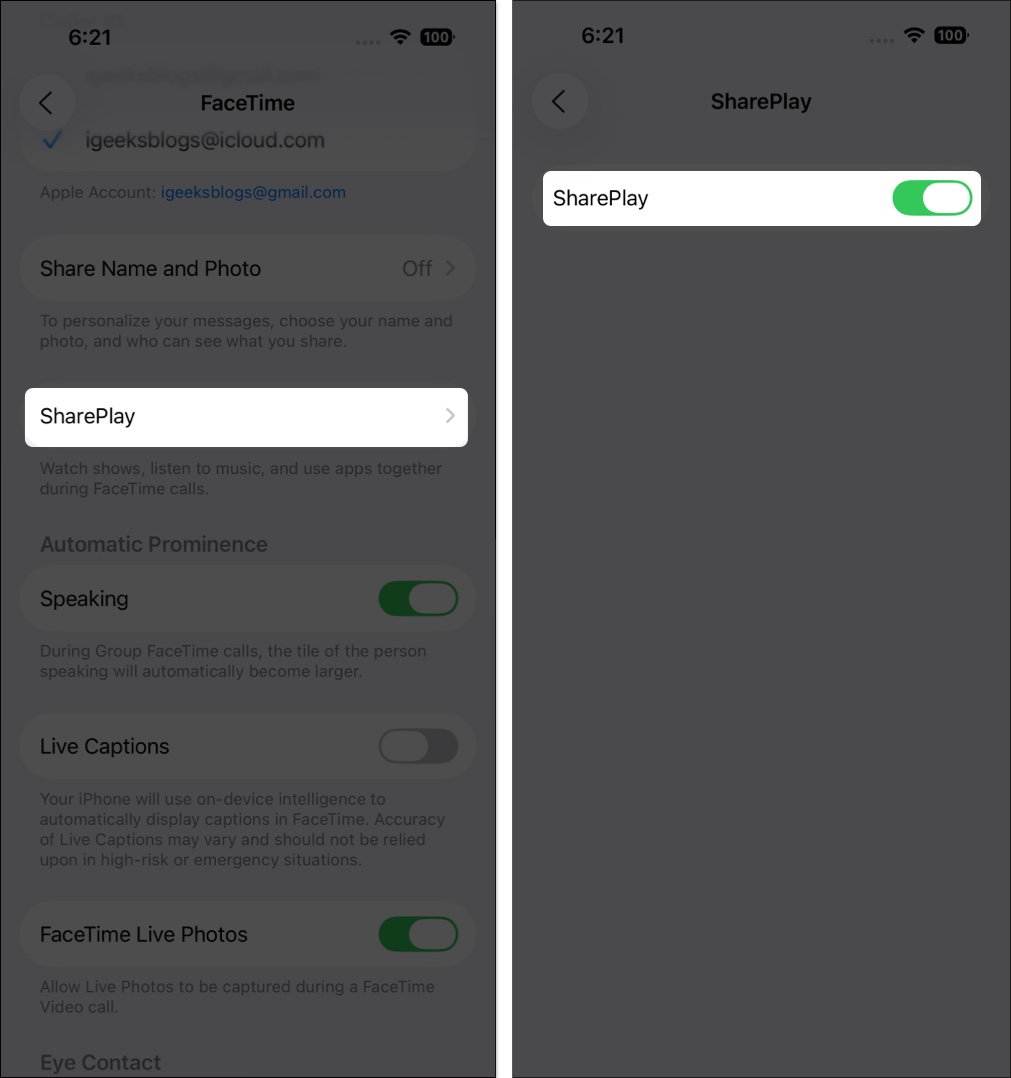 SharePlay Not Working on iPhone? Here’s How to Fix It – iGeeksBlog Scroll to SharePlay and toggle on SharePlay