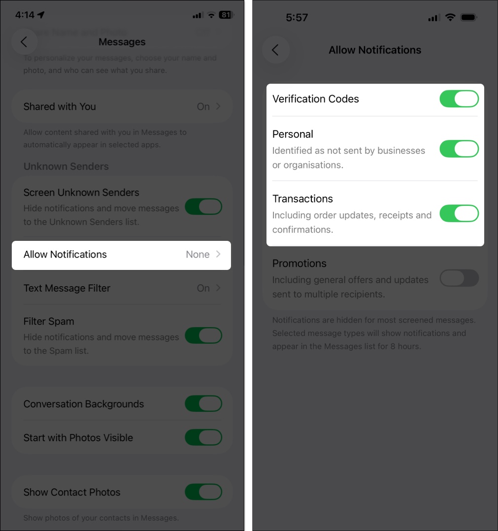 Allow notification for Specific Messages  