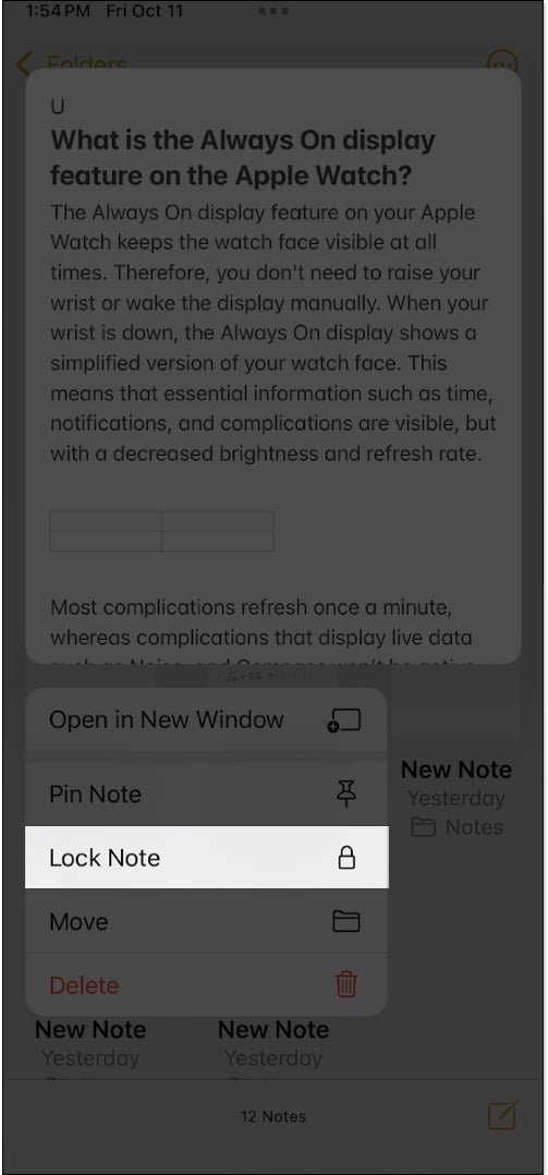Locking a note in the apple notes app