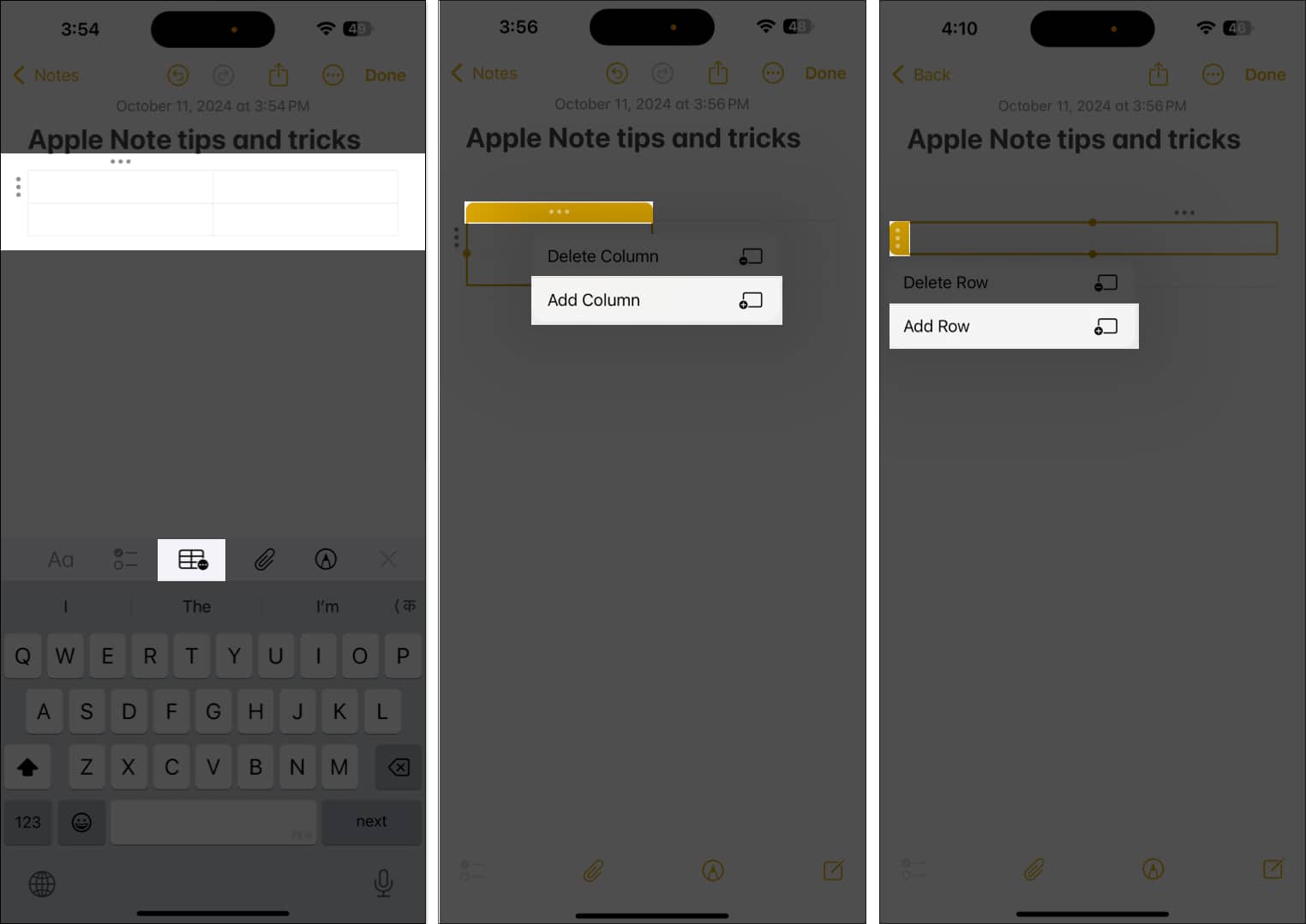 Adding a table in notes app and inserting new rows and columns into it