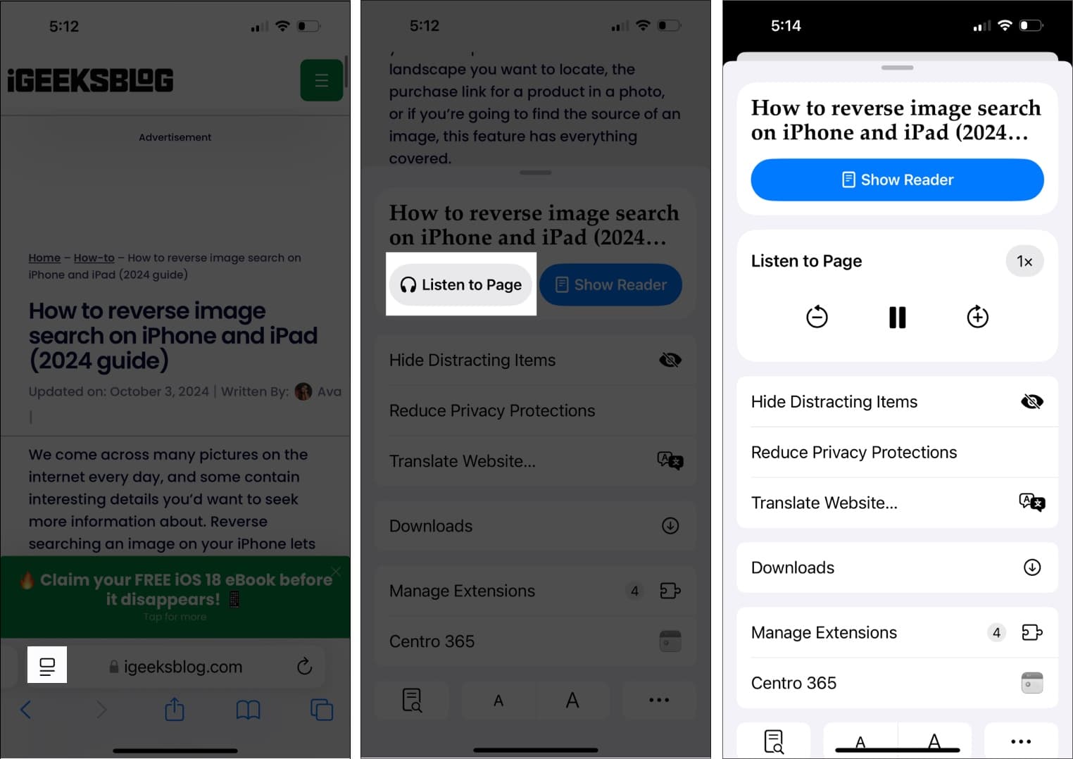 Listen to a web page in safari
