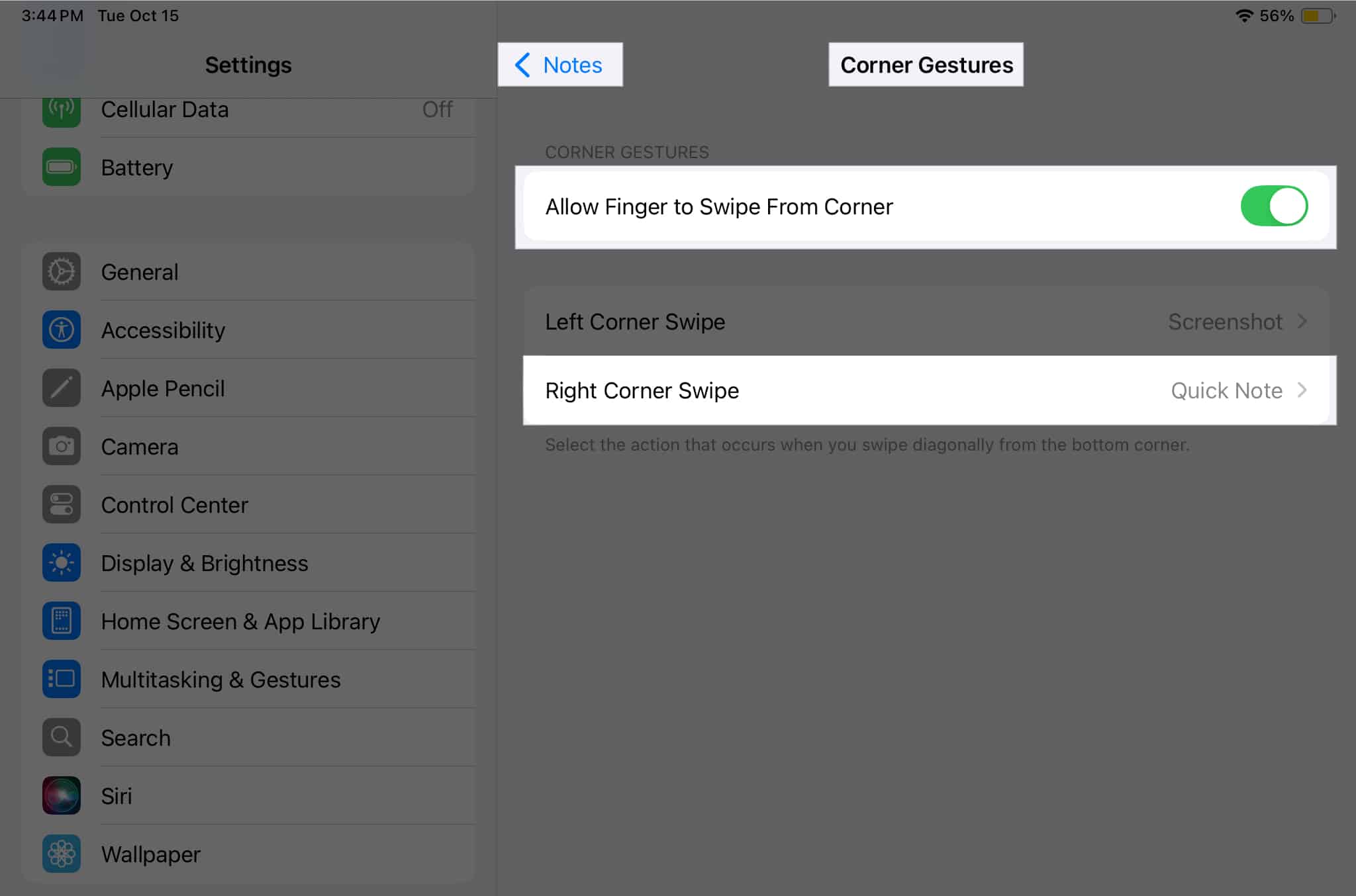 Configuring the corner gestures settings in the ipad settings app