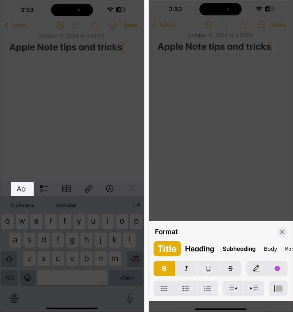 Changing text style in apple's Notes app on an iPhone.