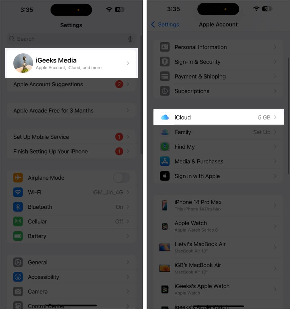 Accessing icloud settings in iphone settings app