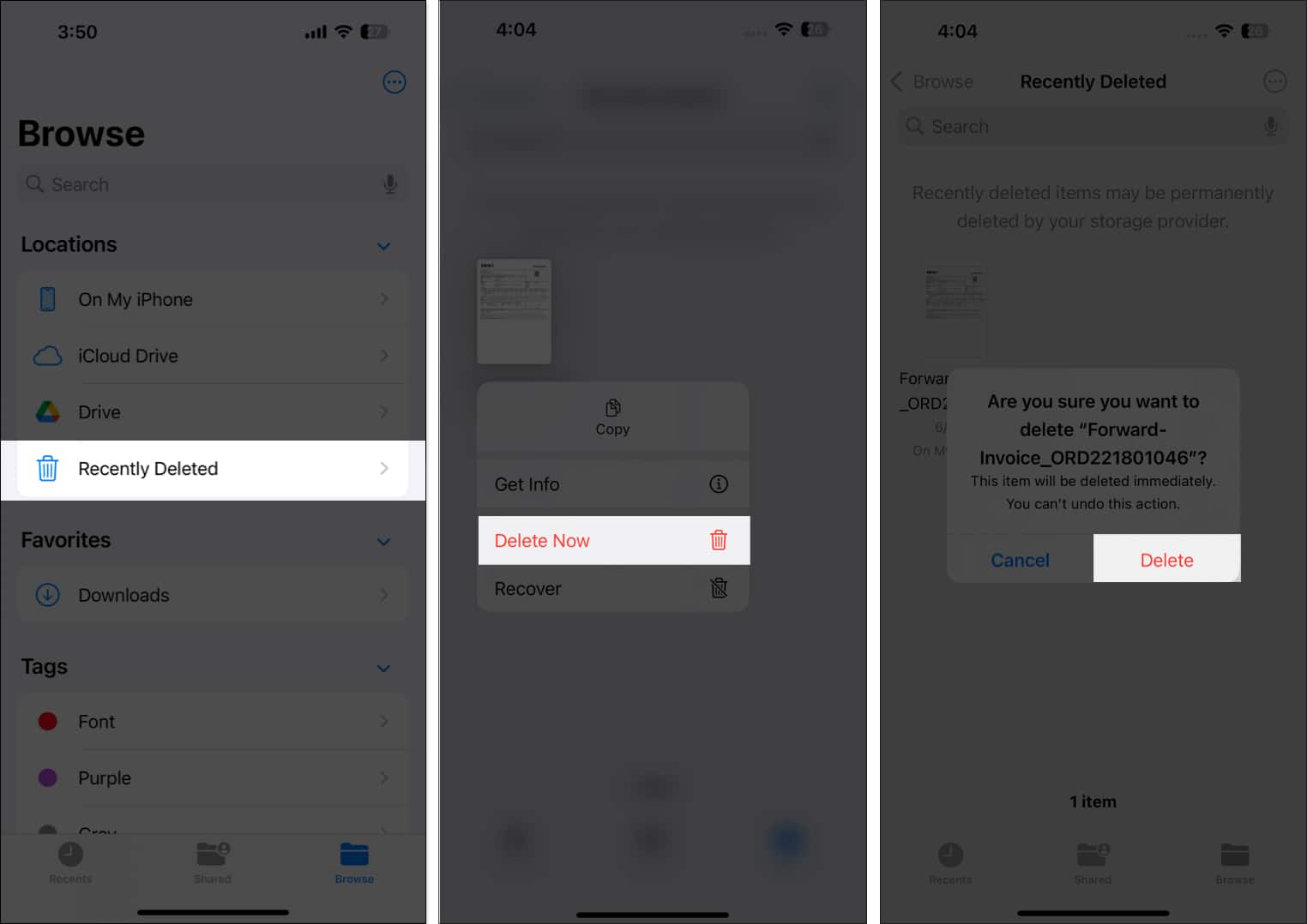 Deleting files files from the recently deleted folder in the files app