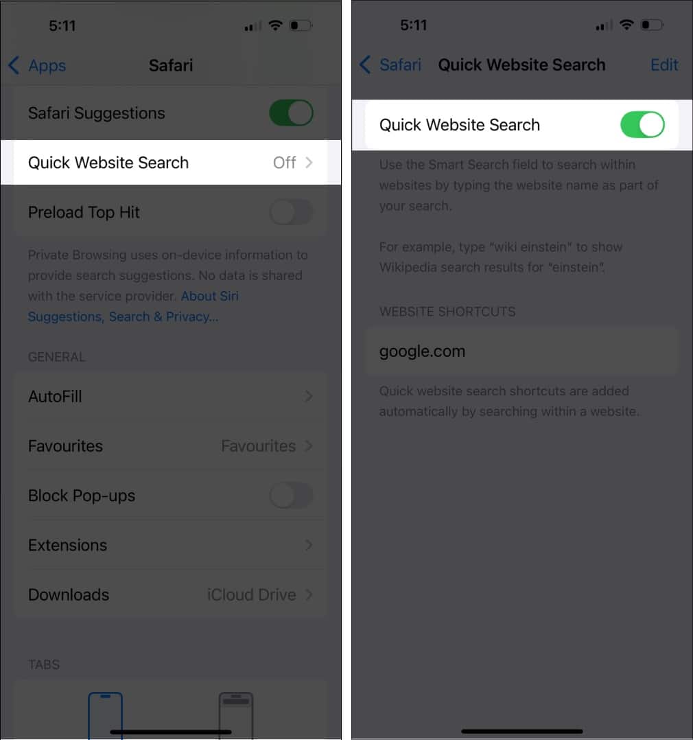 Quick search results on iphone