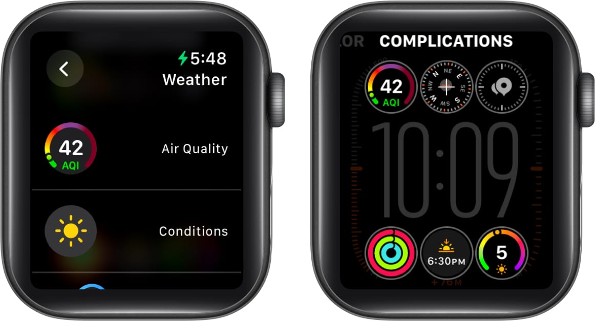 Selecting the aqi complication for the weather app on an apple watch