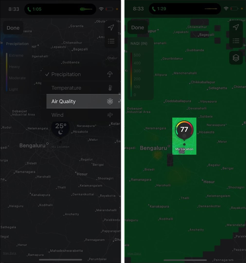 Checking the air quality index of a location in the apple weather app on an iphone