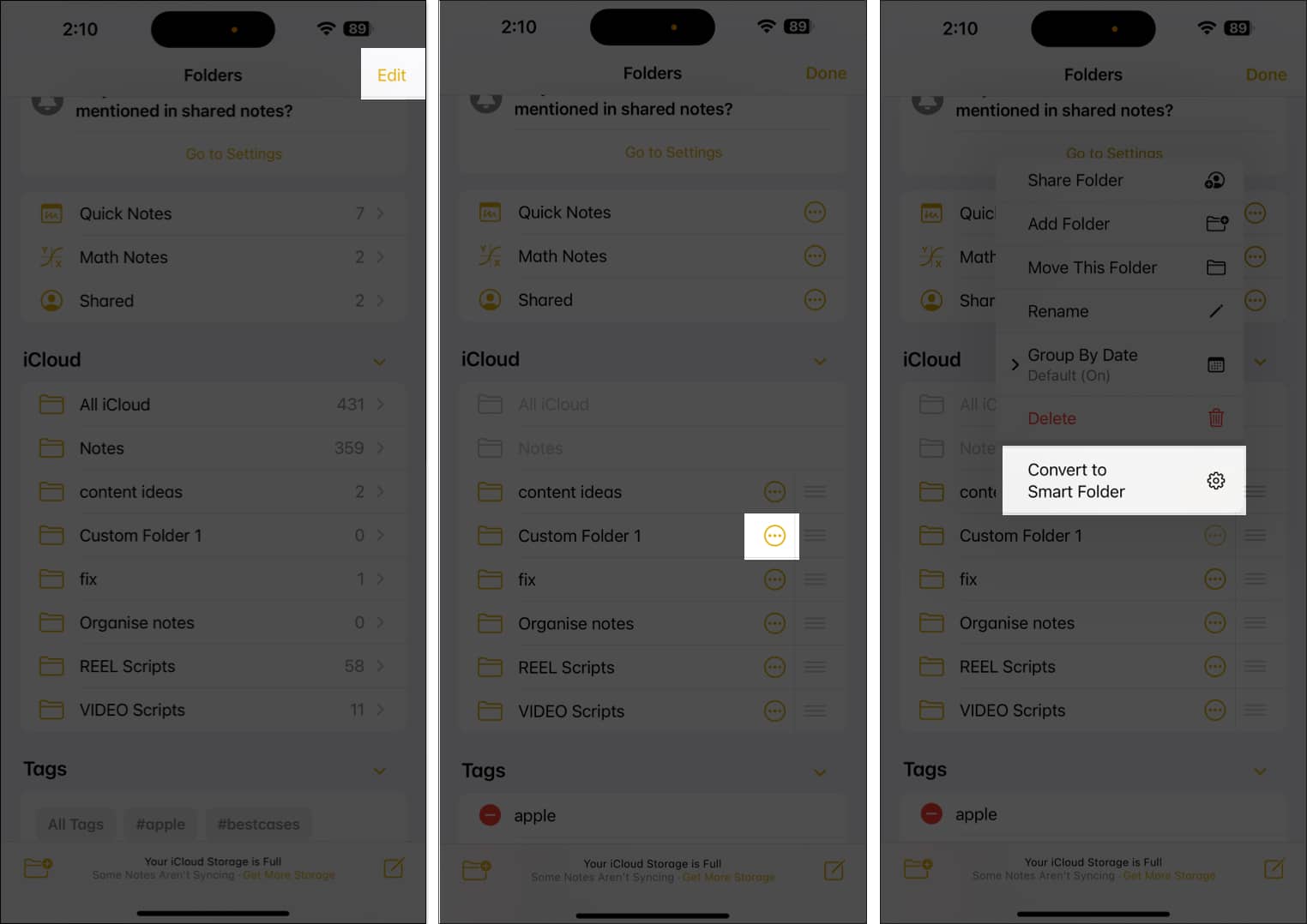 Converting an existing folder into a smart folder in apple notes app