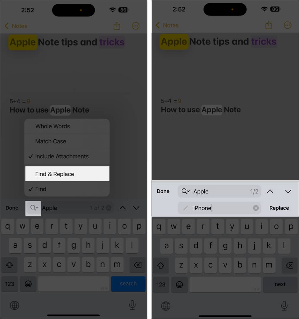 Finding and replacing a word in the apple notes app on an iphone