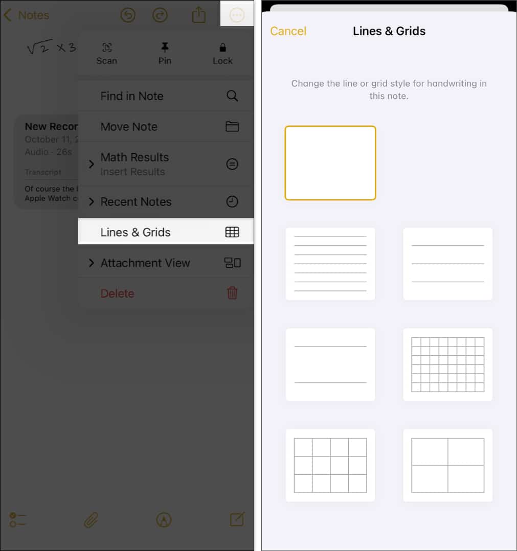 Select lines and grids in notes menu on iphone