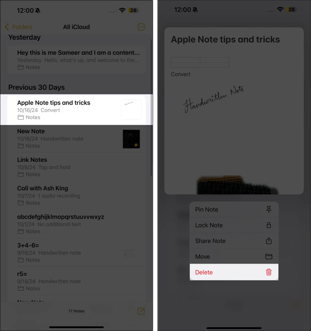 Deleting a note in apple notes on an iphone