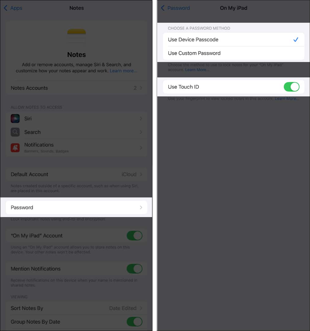 Setting up a lock method for notes in the apple notes app