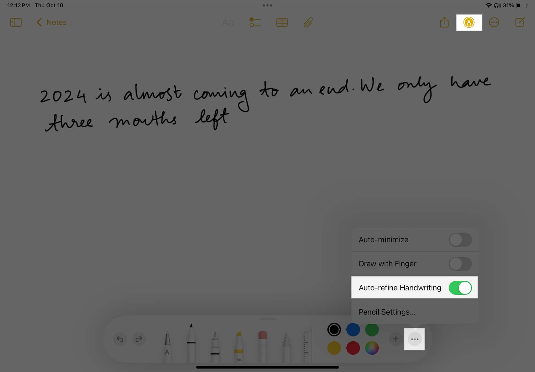 Turning on the auto refine handwriting option in the notes app on an ipad
