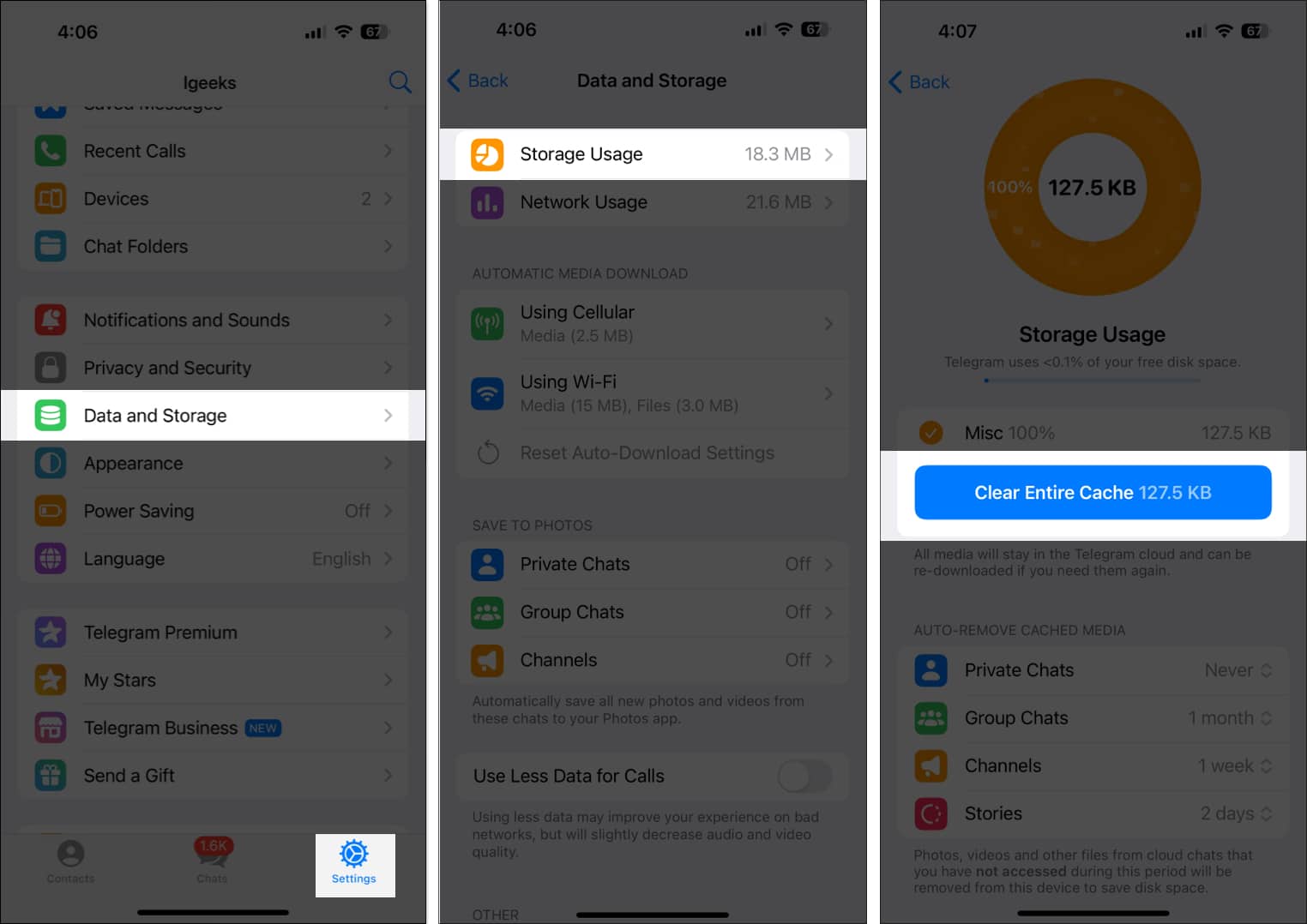 Clearing storage cache in telegram app on an iphone
