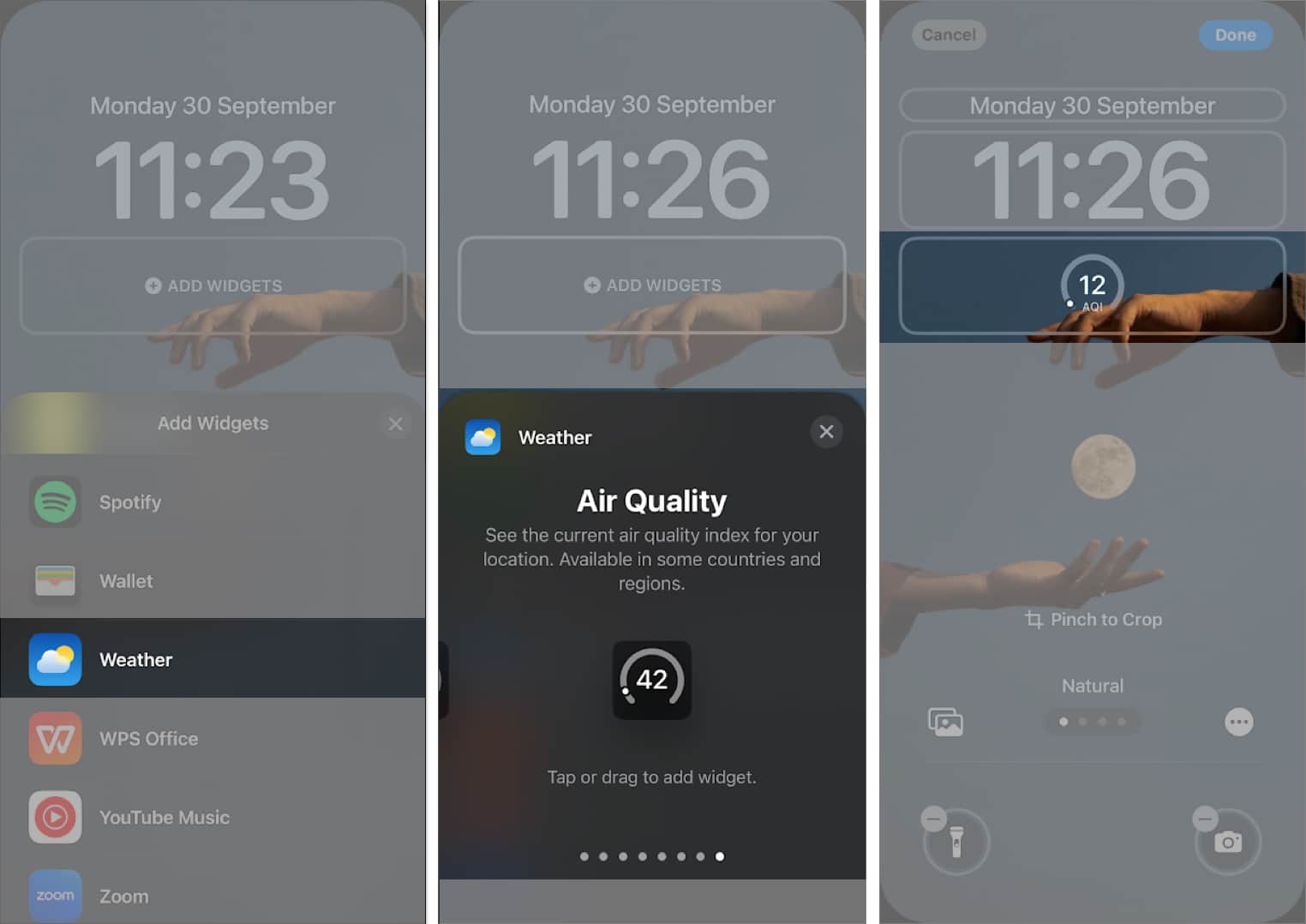 Adding the weather app's Air Quality widget to the iPhone Lock Screen.