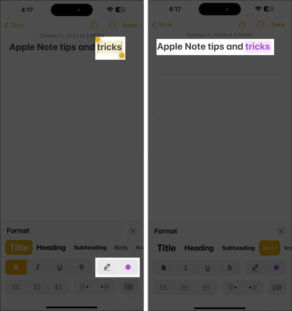 Selecting and highlighting text in the ios notes app