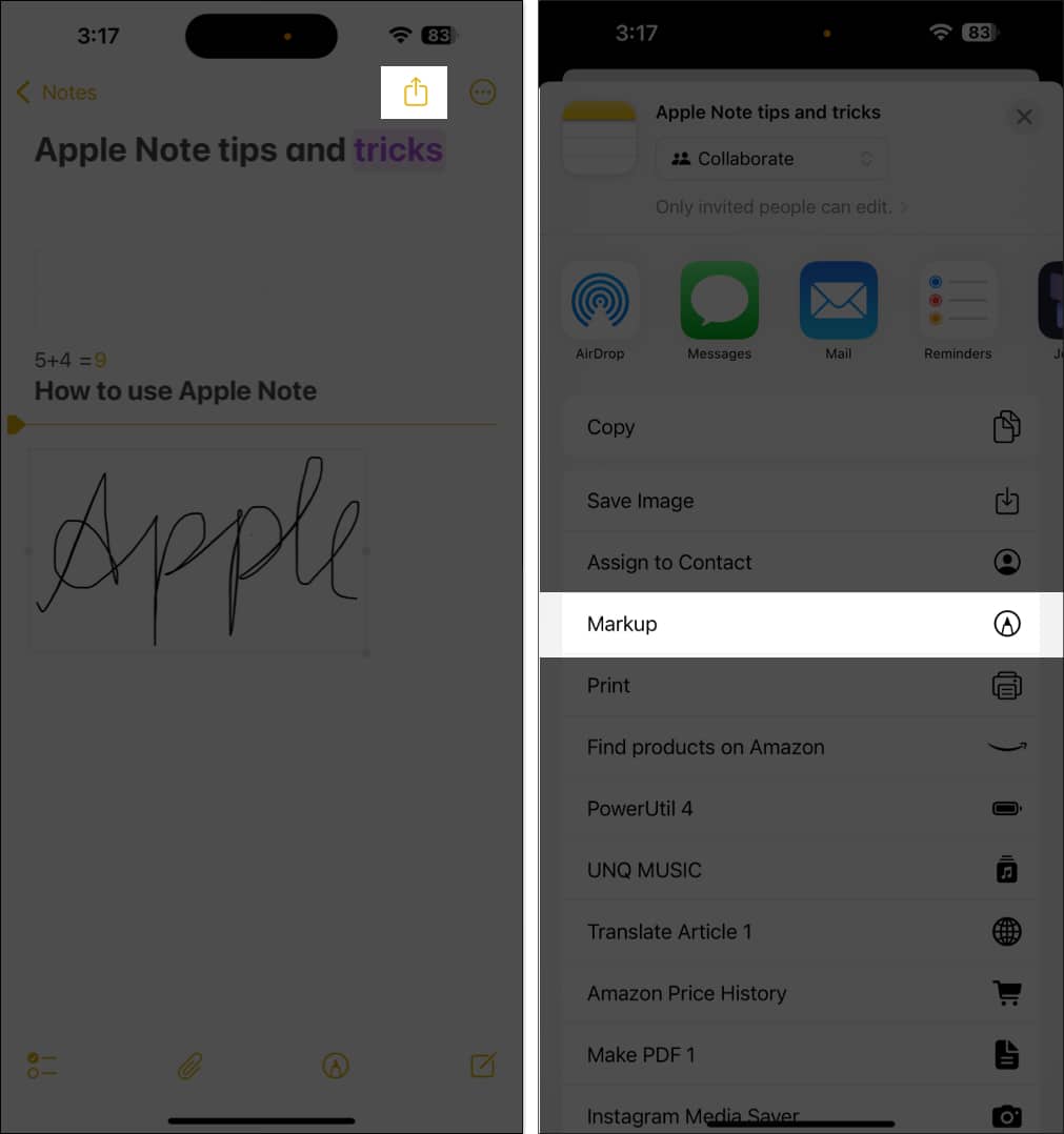Accessing the markup option on a note in apple notes