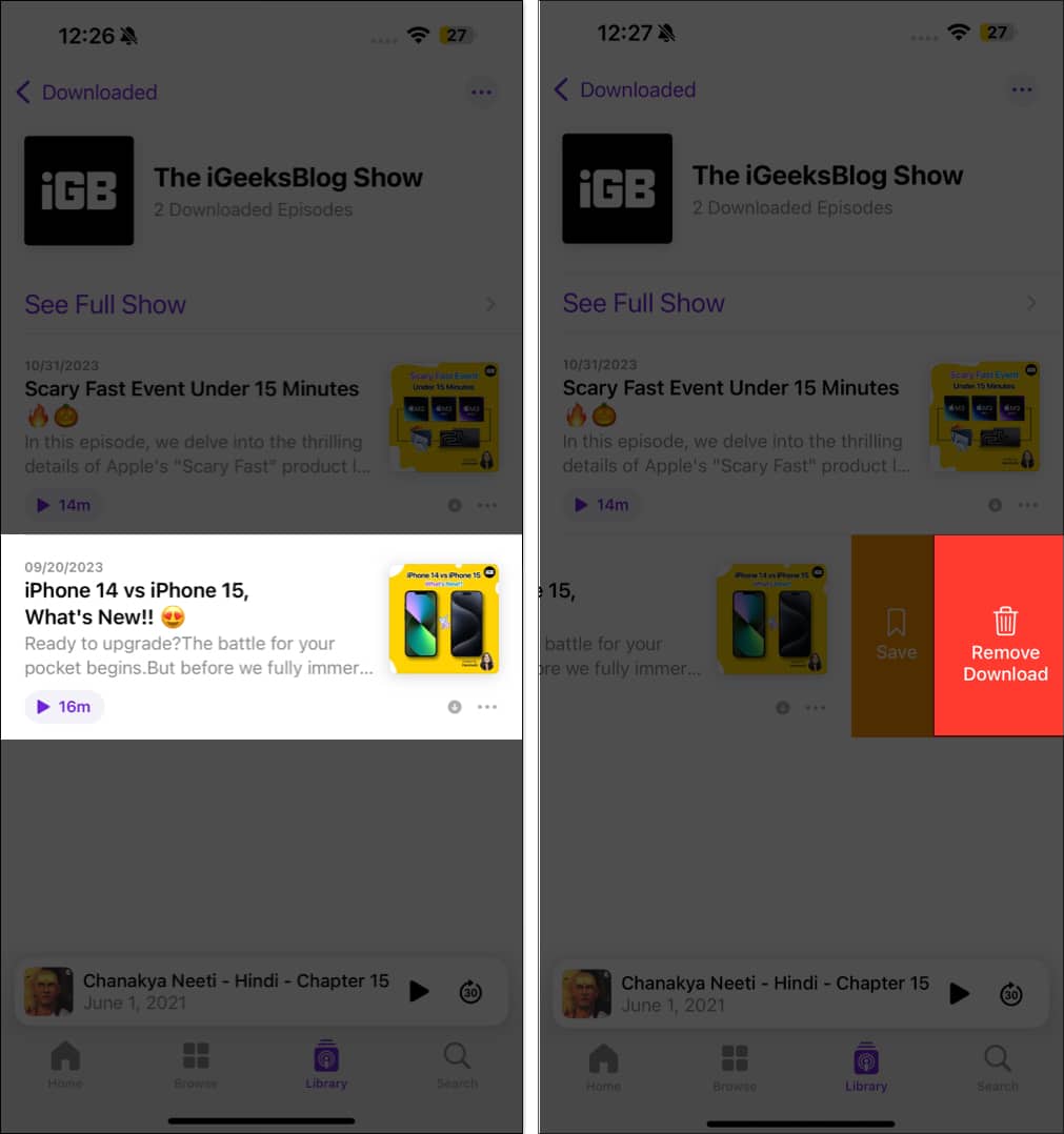 Deleting a podcast episode in apple podcasts