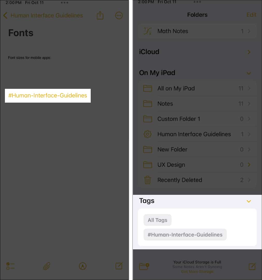 Adding a tag to a note and checking all linked notes in the apple notes app