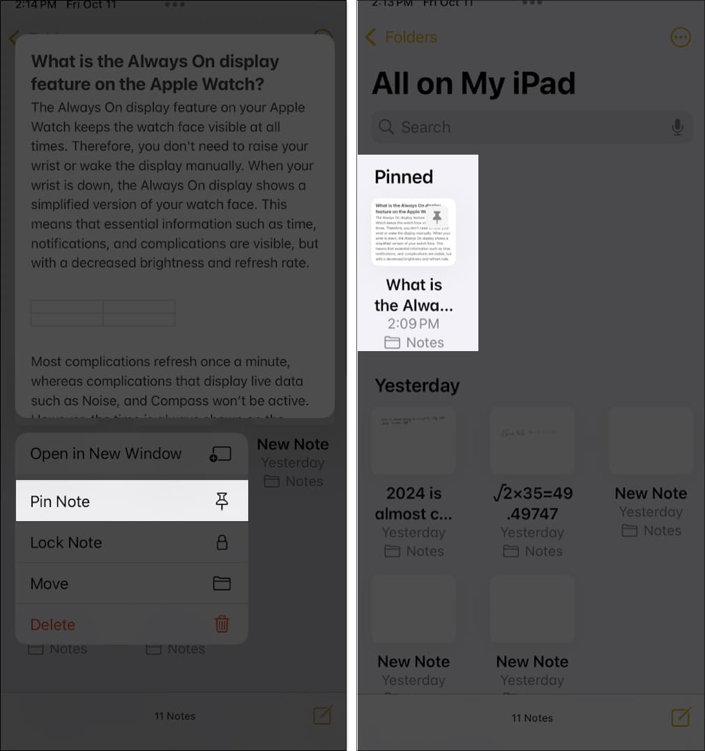 Pinning a note in the ios notes app on an iphone