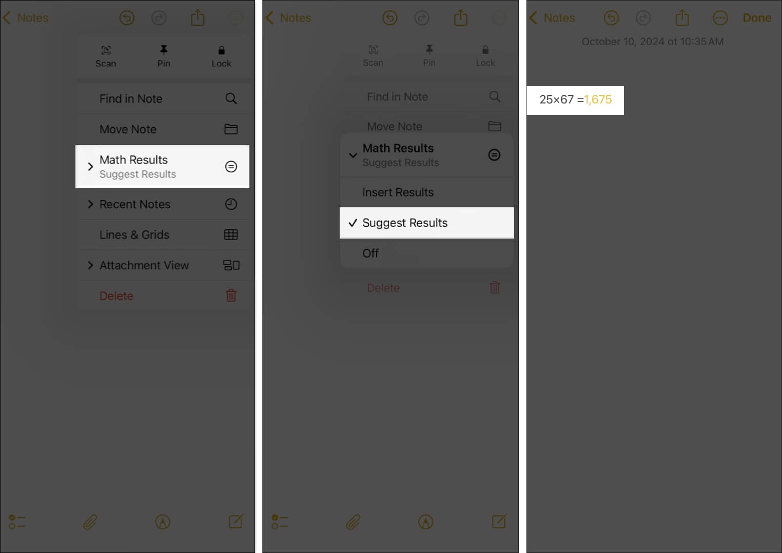 Getting answers to mathematical expressions using math notes in apple notes app