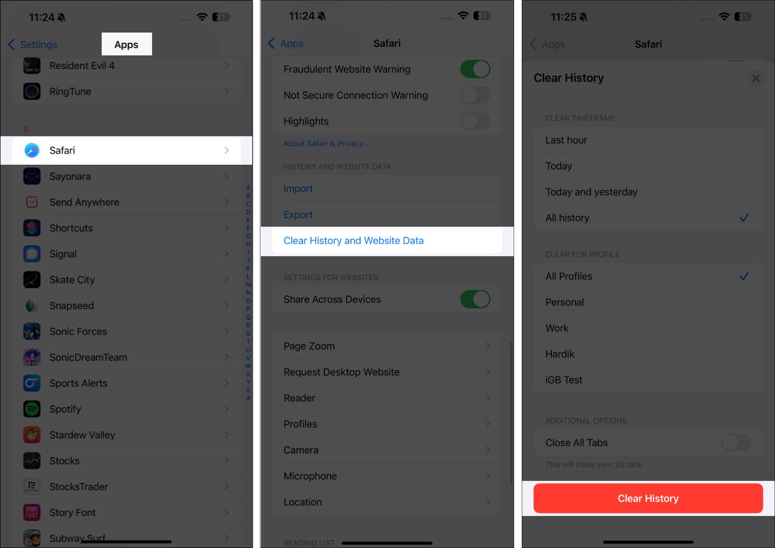 Clearing safari history in iphone settings