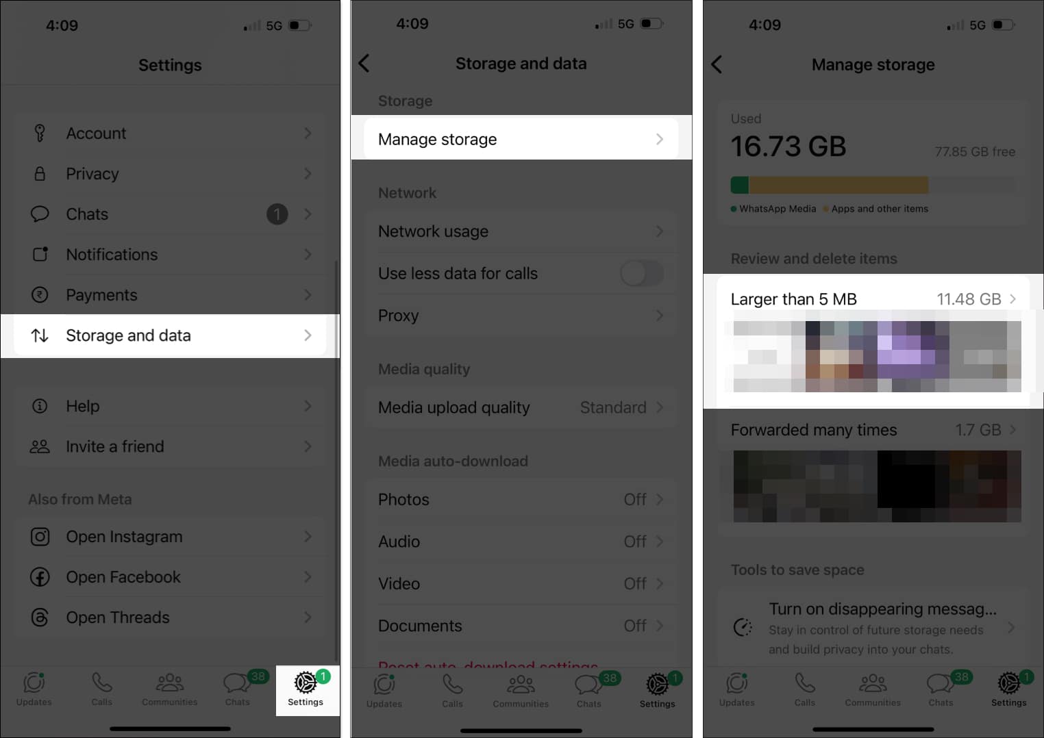 Deleting files larger than 5mb in the whatsapp app on an iphone