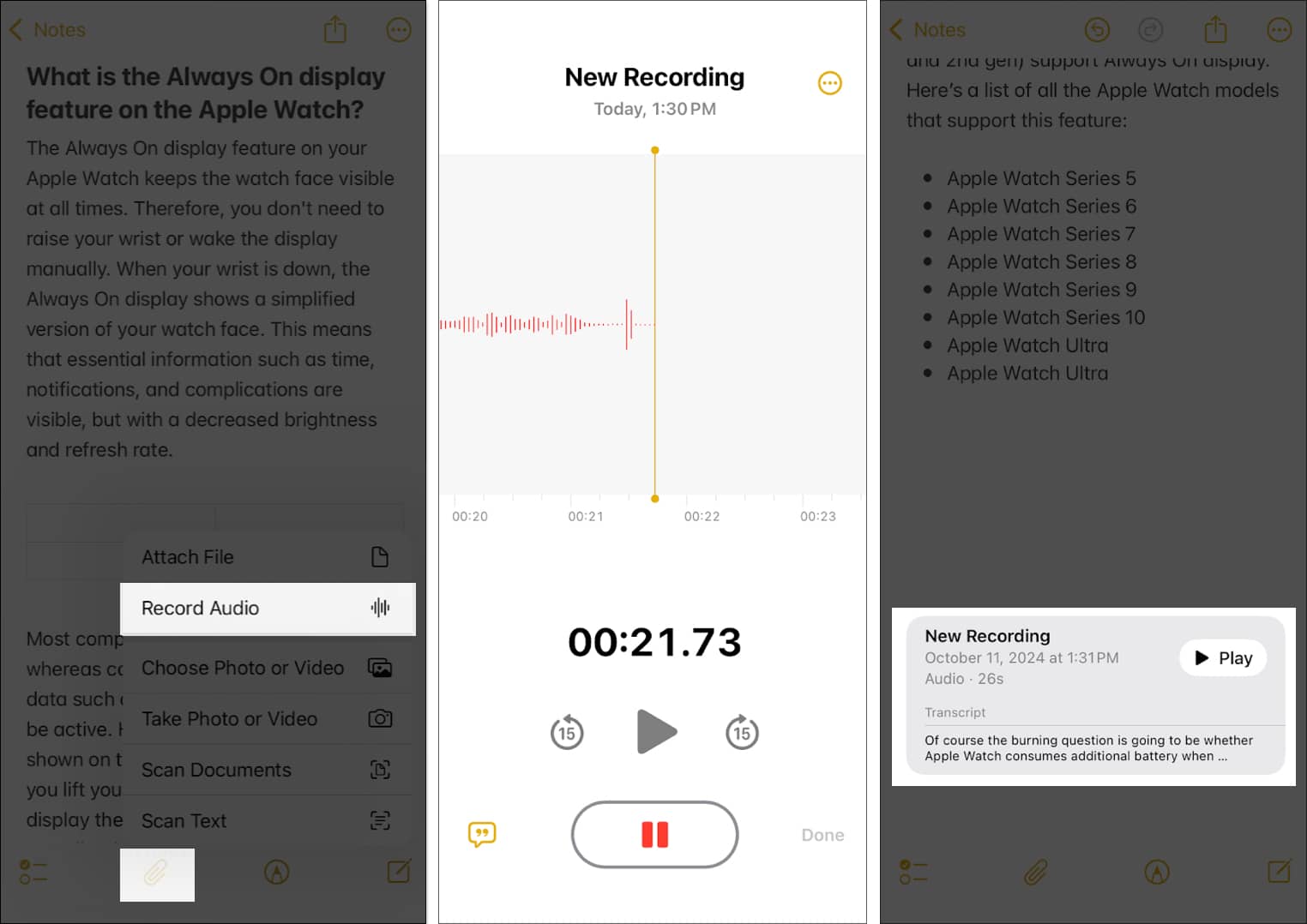 Adding a voice note to a note in apple notes and seeing its transcript