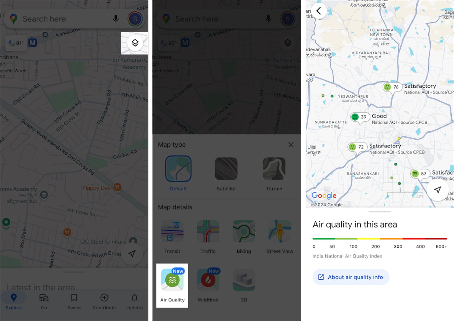 Checking air quality index for a location in google maps on an iphone