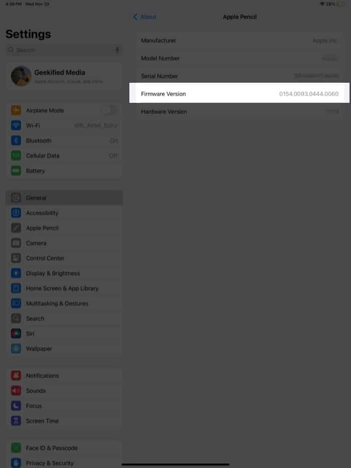 Apple Pencil-firmwareversionen visas i appen Inställningar