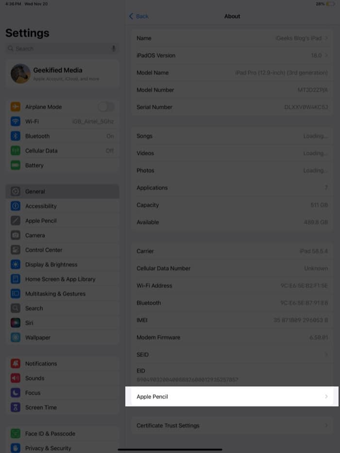 Tryck på Apple Pencil i About på iPad