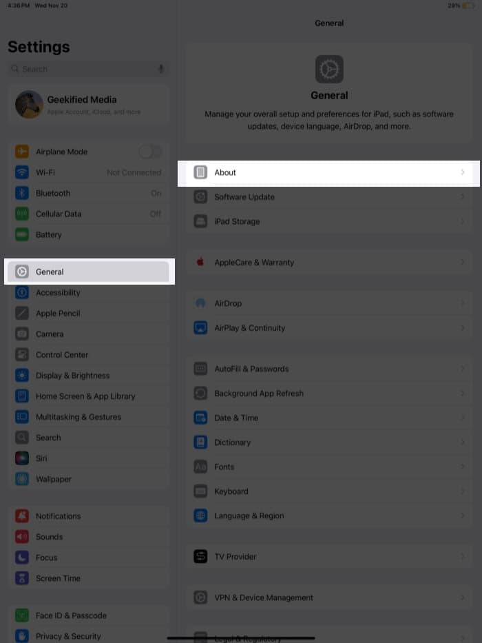 Om avsnittet i appen Inställningar på en iPad