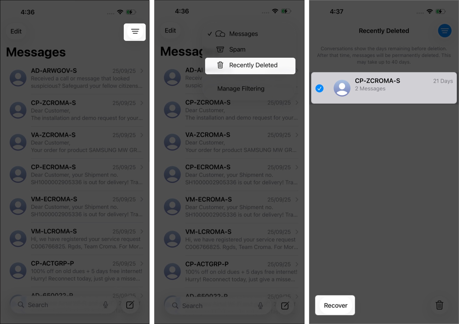 Recover an Auto-Deleted Code in Messages