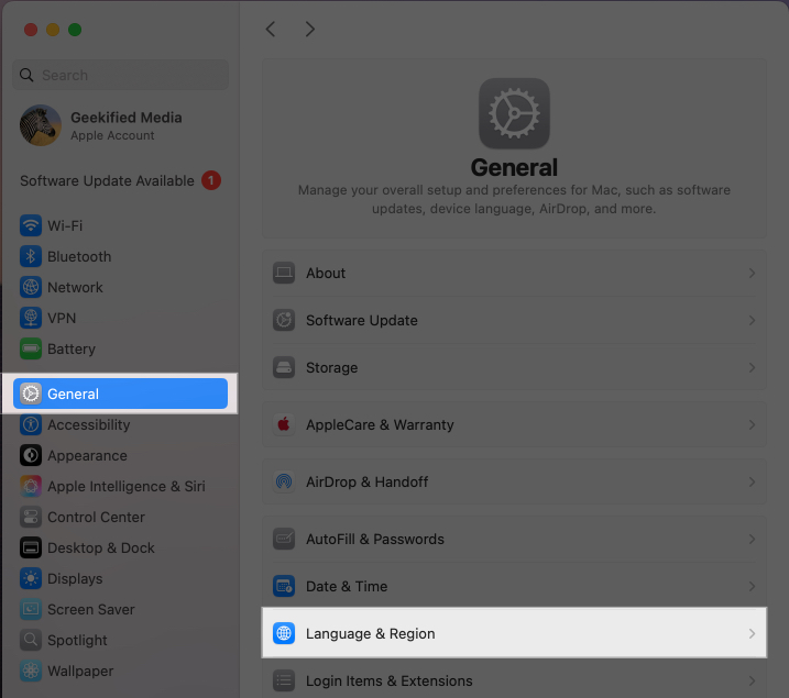 Accessing Language Region settings on a Mac