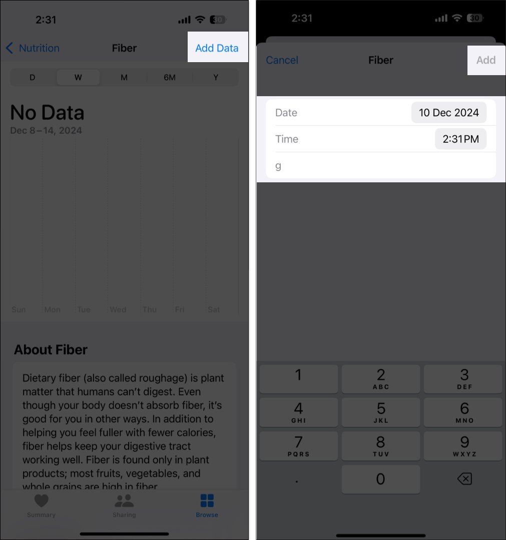 Adding nutrition data on the iphone health app