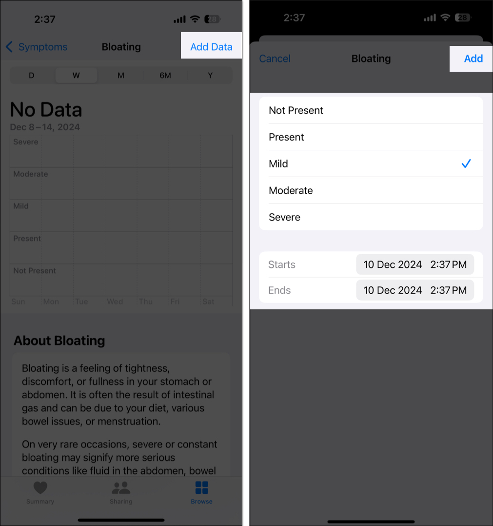 Adding symptoms data in the health app on an iphone