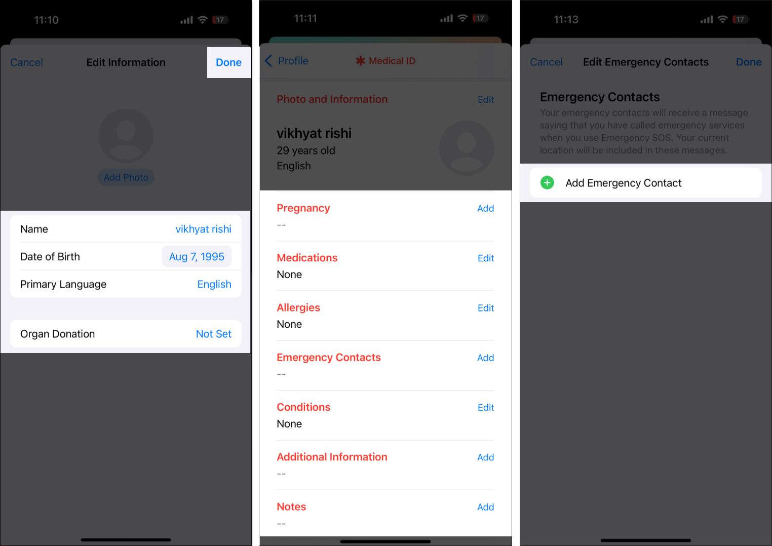 Add your details and emergency contact to set Medical ID in Health app on iPhone