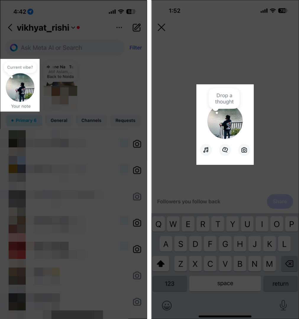 Adding a new note in instagram on iphone