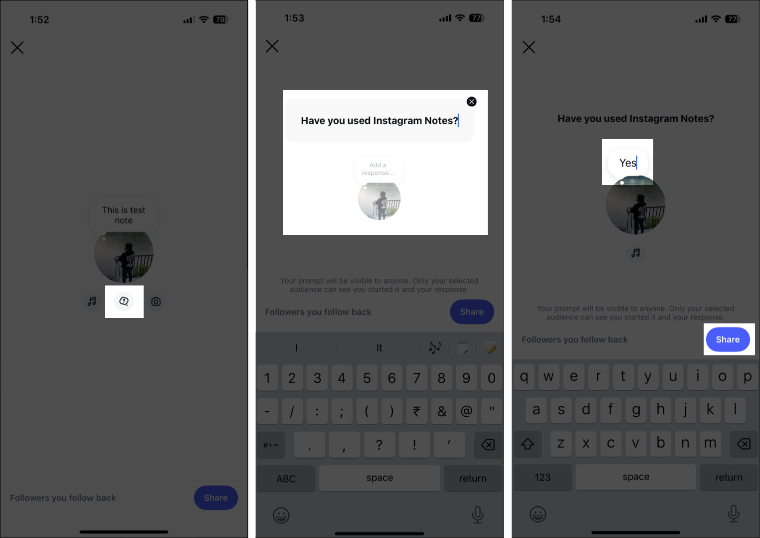 Adding a question and its response on instagram note by selecting prompt button