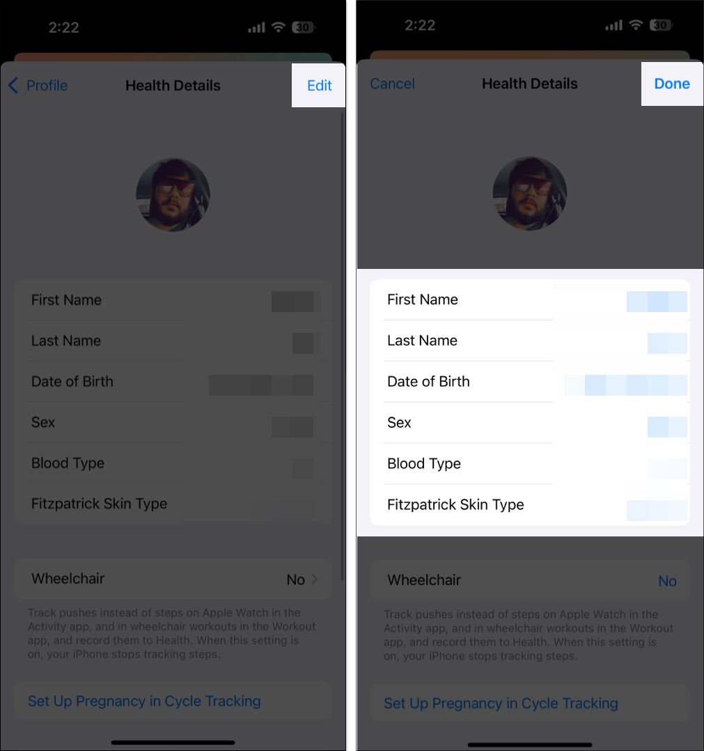 Adding health details in the health app to set up a health profile on an iphone