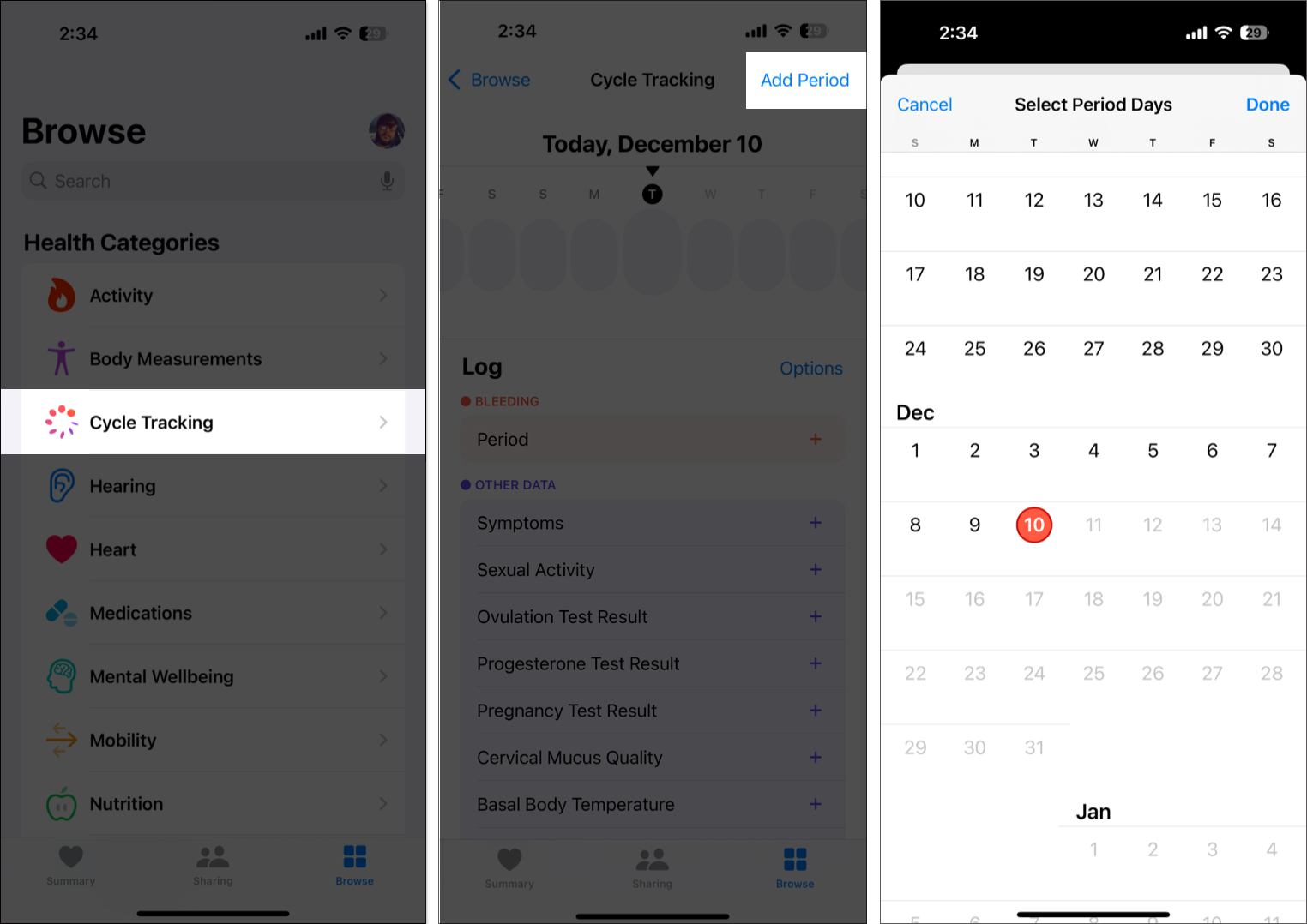Adding a period in the cycle tracking feature on the health app