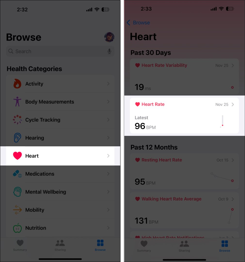 Checking heart rate in the health app on an iphone