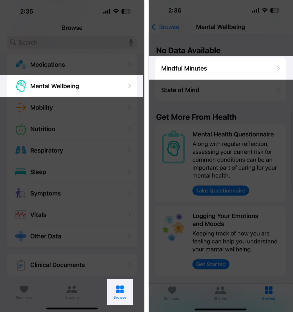 Mindful minutes option under mental wellbeing in the health app on an iphone