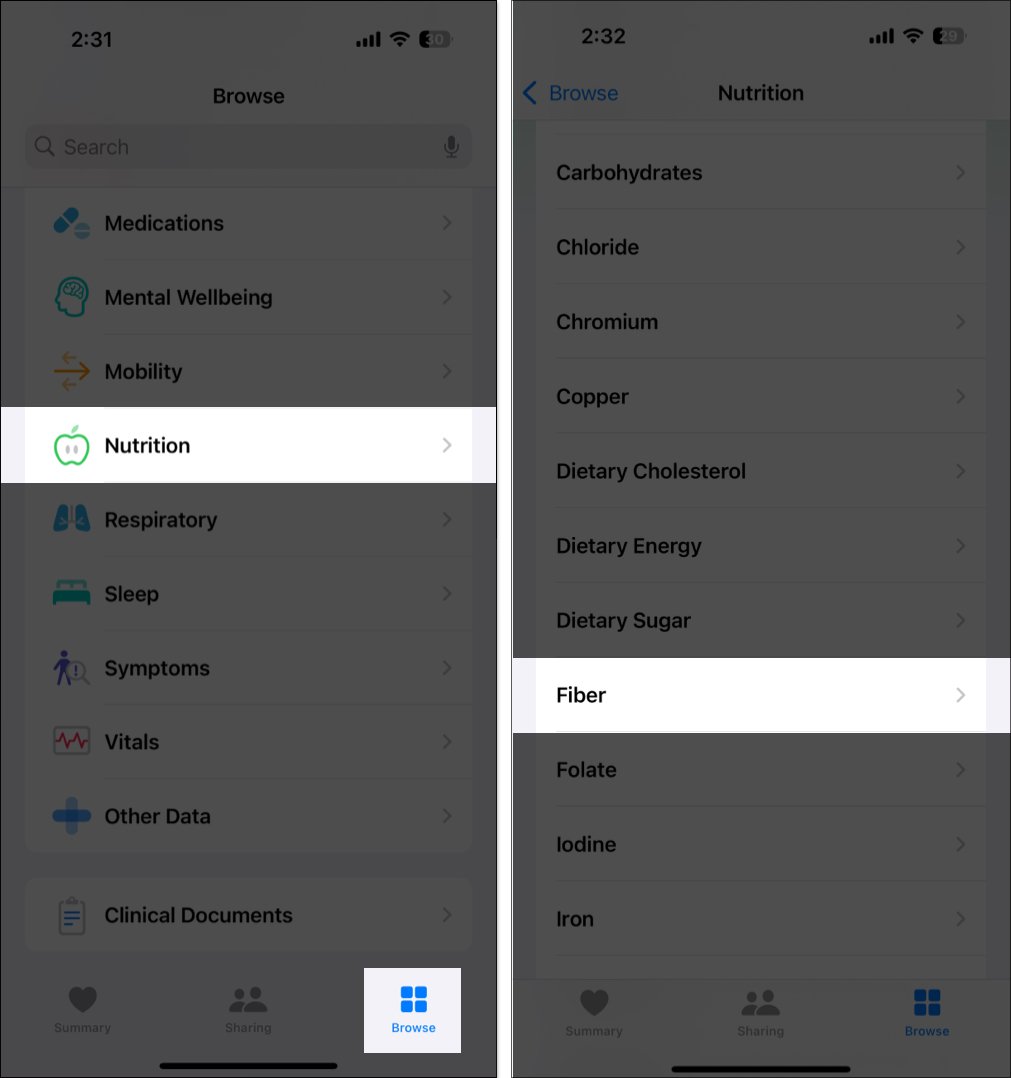 Nutrition option in the browse tab on the ios health app