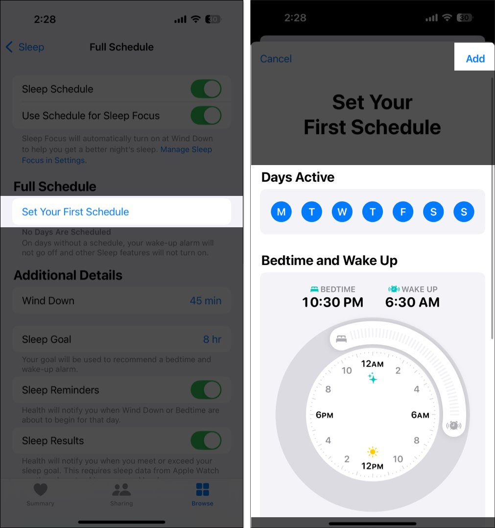 Select set your first schedule to set sleep schedule on iphone