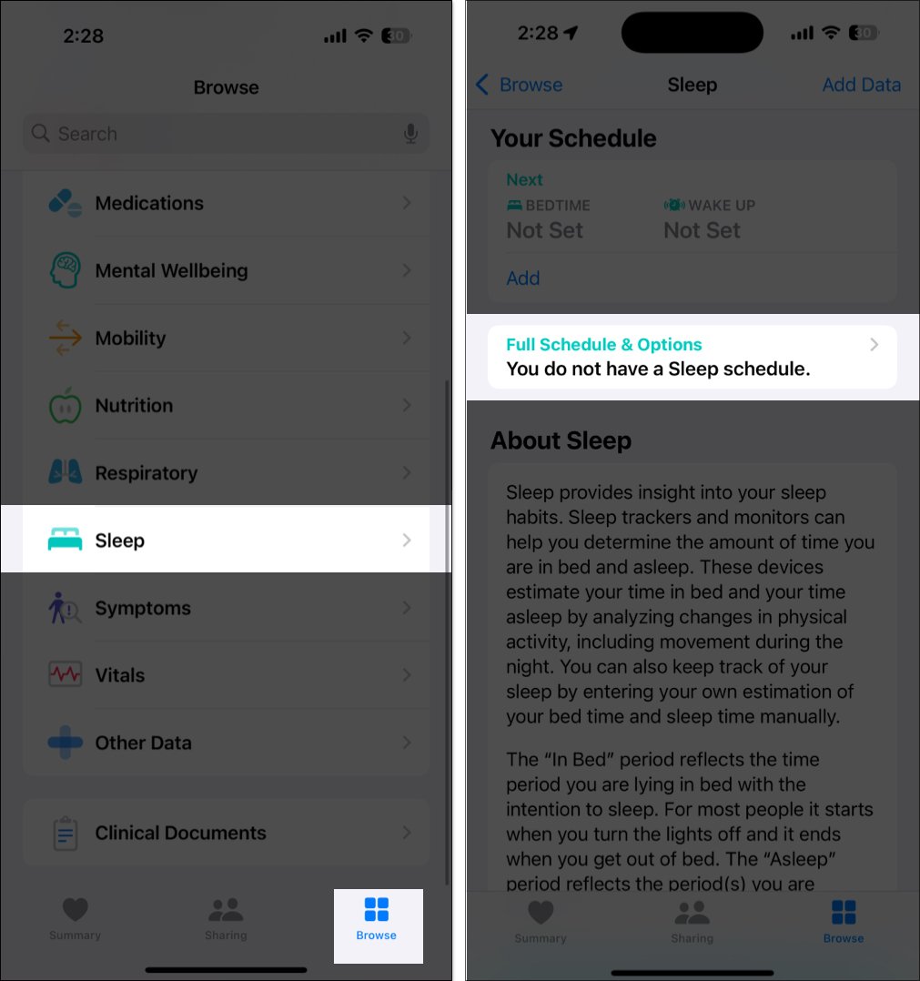 Full schedule  options option for setting up a sleep schedule in the health app