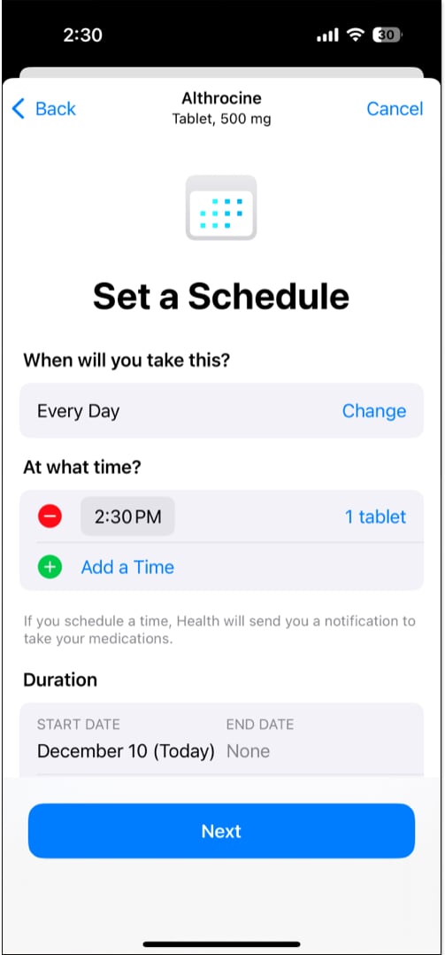 Setting a schedule for a medication in the health app